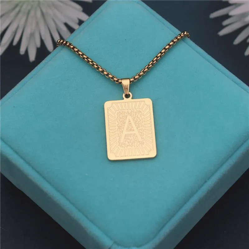 Pendant Necklaces Gold A-Z Initial Letter Necklace Square Alphabet Rectangle Medallion Personalized Stainless Steel Hip Hop Jewelry Men