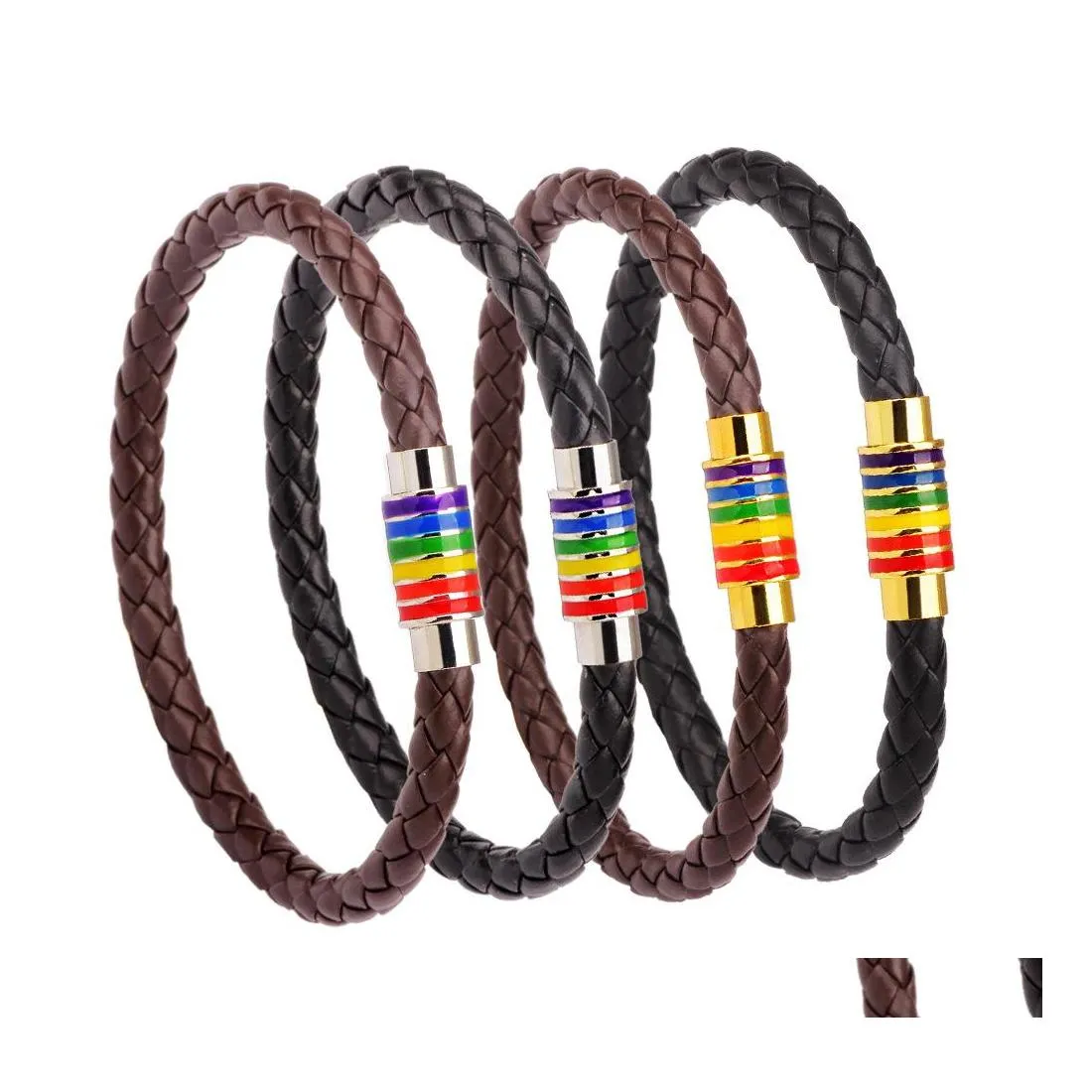 Bracelets de charme em couro genu￭no arco -￭ris lgbt signo para homens homens gays l￩sbicas a￧o inoxid￡vel de a￧o magn￩tico pulseira de pulseira dr otsvc