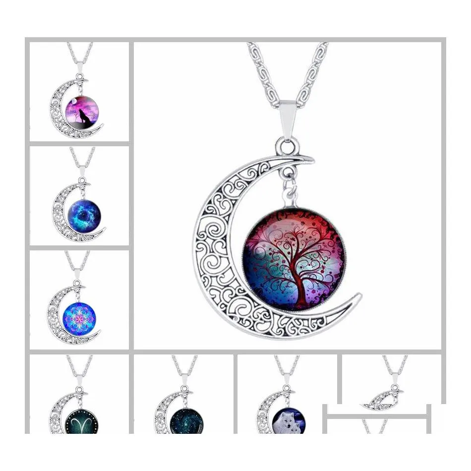 Anhänger Halsketten 84 Design Cabochons Glas Mond für Frauen Männer Baum des Lebens Sternzeichen Blume Wolf Neba Space Galaxy Ketten Schmuck Ot4P0