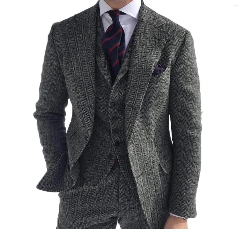 Herrenanzüge Maßgeschneiderte graue Wolle Herringbone Winter Herren 2023 Tweed Männlich Business 3 Stück Set Jacke Weste Hosen Kostüm Homme