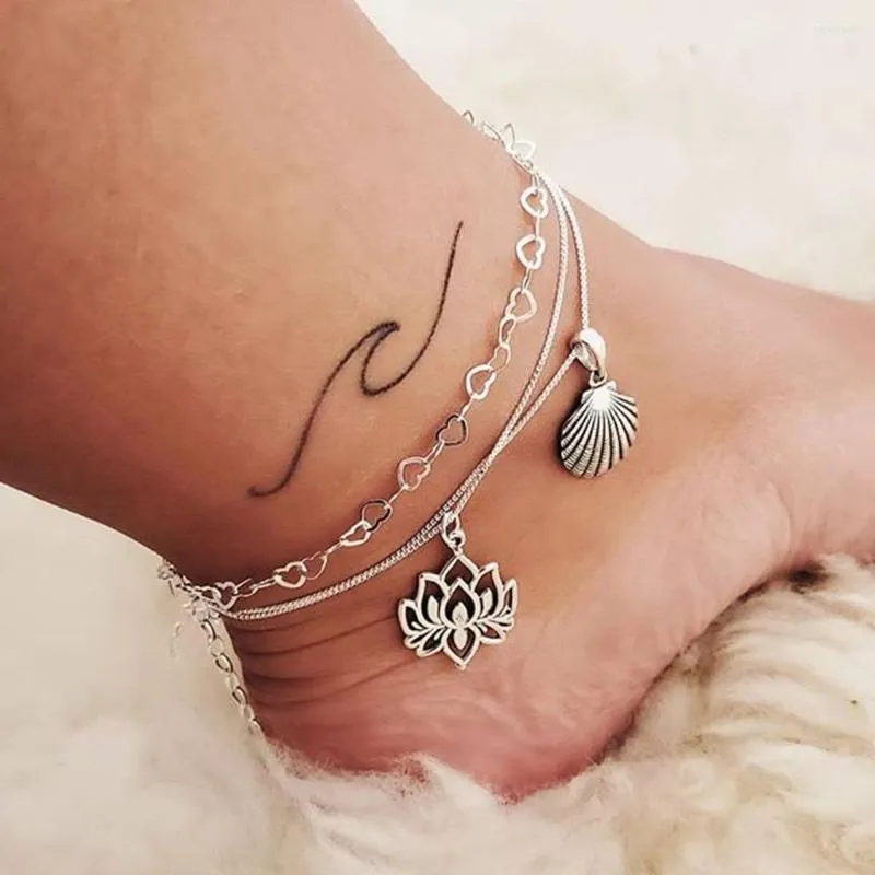 Anklets Pack of 2 Beach med Shell och Lotus Pendant Design i blandade länkar sammanflätade hjärtkedjor