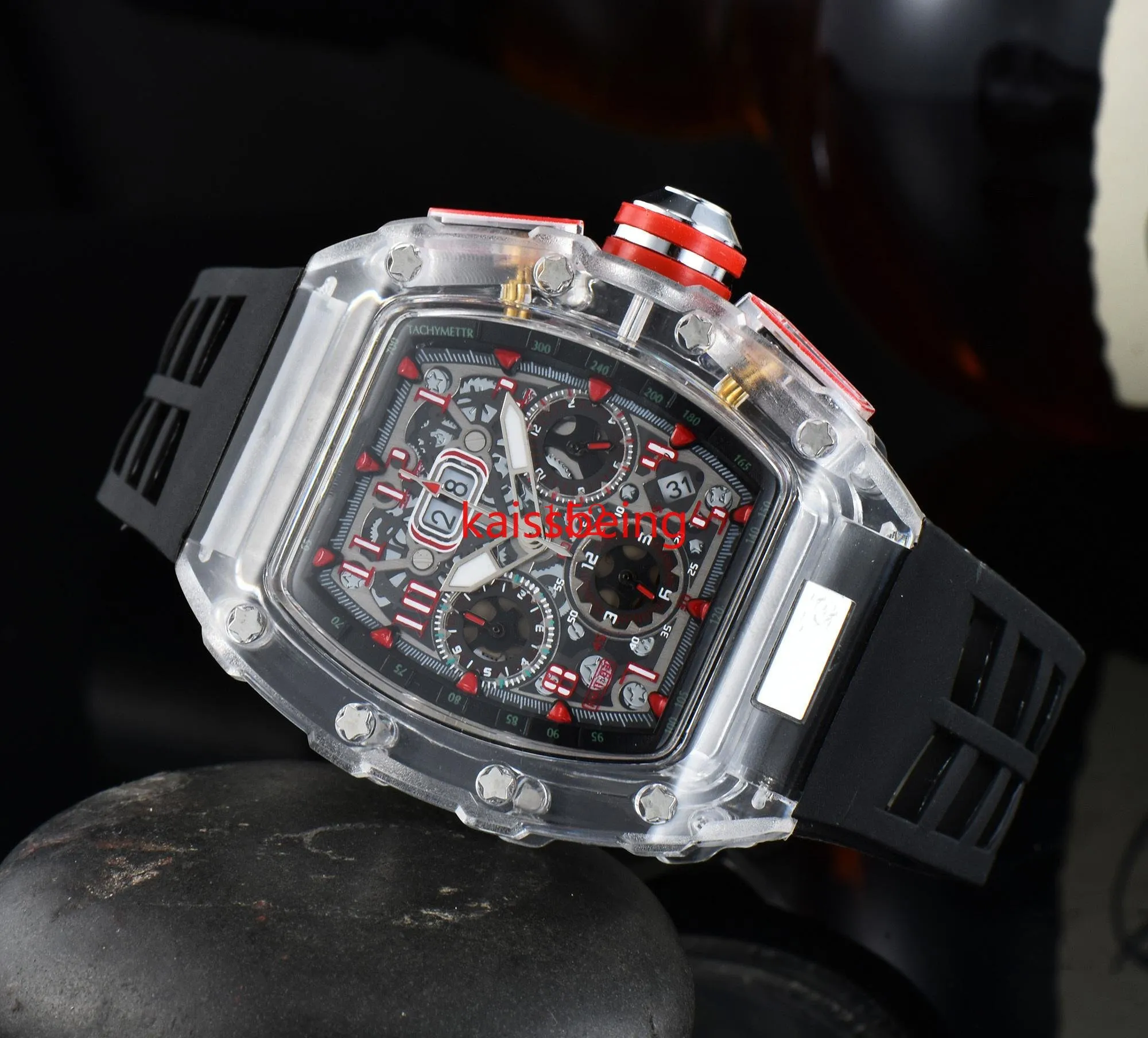 2023 RM Herrmode Fashion Casual Quartz titta på transparent urtavla Rummband Small Pointer Working Watch