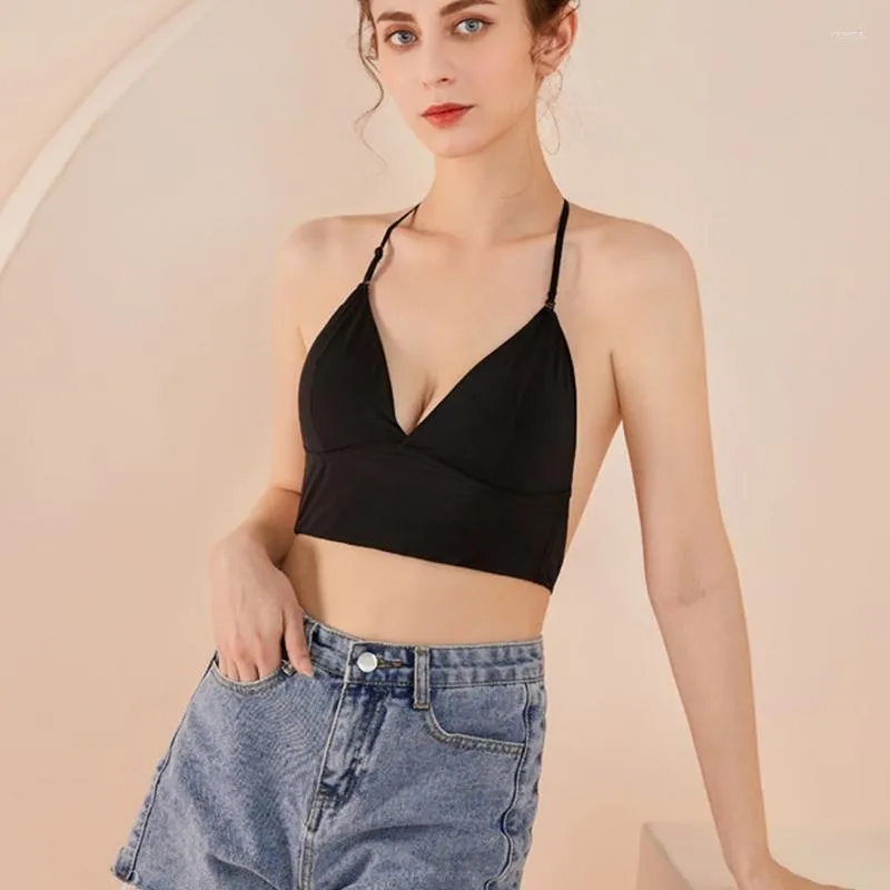 여성 탱크 여성 섹시한 V 넥 Backless 브래지어 Bralette 스파게티 스트랩 컨버터블 무선 삼각형 컵 브래지어 속옷을 밀어