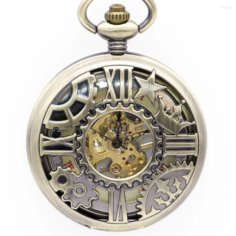 Orologi da taschino Orologio meccanico con ingranaggi a ruota in bronzo Numeri romani Scheletro PocketFob con scatola PJX1343