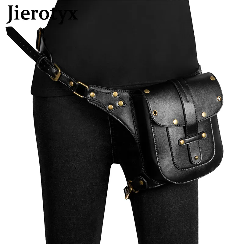 Waist Bags JIEROTYX Black Leather for Women Steampunk Retro Rock Gothic Chest Pack Female Leg Victorian Style 230204