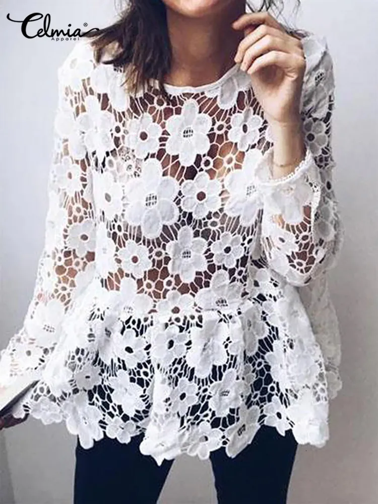 Women's Blouses Shirts Celmia Sexy Hollow Out Lace Blouses Fashion See-through Long Sleeve Casual Tunics Tops O-neck Flower Summer Solid Shirts 230204