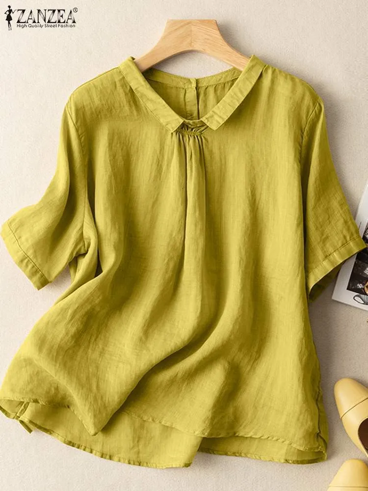 Women's Blouses Shirts ZANZEA Women Summer Blouse Fashion Short Sleeve Solid Cotton Tops Casual Loose Work Blusas Female Tunic Party Shirt Chemise 230204