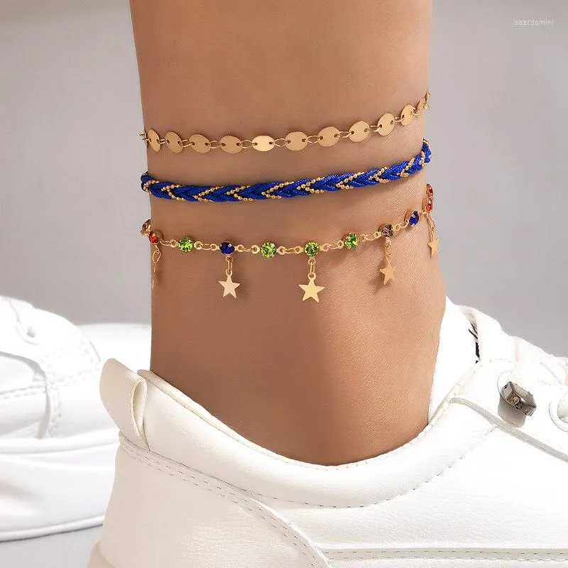 Anklets Summer Beach Multilayer Weave łańcuch na nodze kostki metalowe gwiazdy Tassel Charm Zestaw dla kobiet Buhemia Foot Jewelry