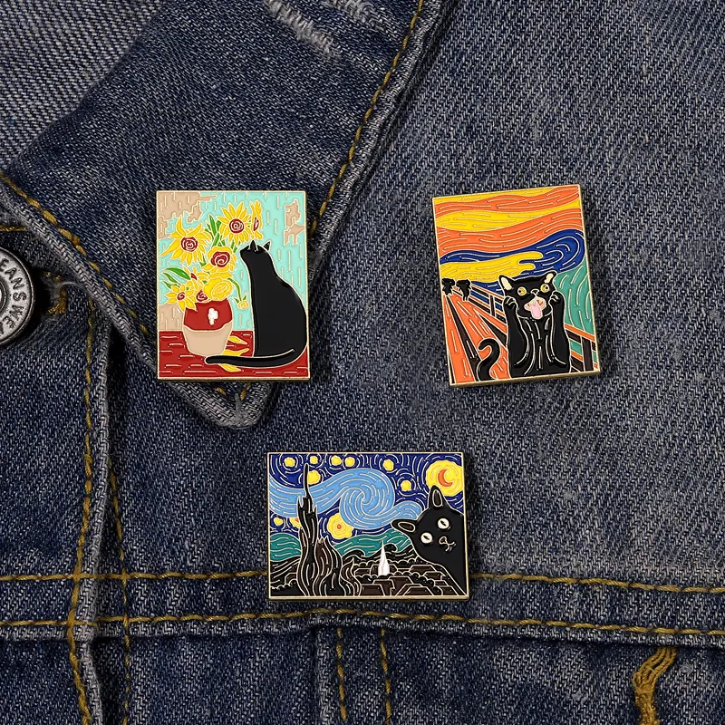 Broche de peinture à l'huile en émail de chat noir, épingle à revers de fleur de ciel étoilé, vêtements, chapeau, accessoires de bijoux, Badge en métal pour amis