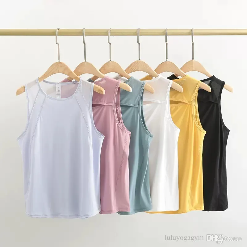 Luluwomen Yoga Clothing Vest女性の速乾性スポーツランニングフィットネストップノースリーブアウターウェアメッシュTシャツルーズブラウス