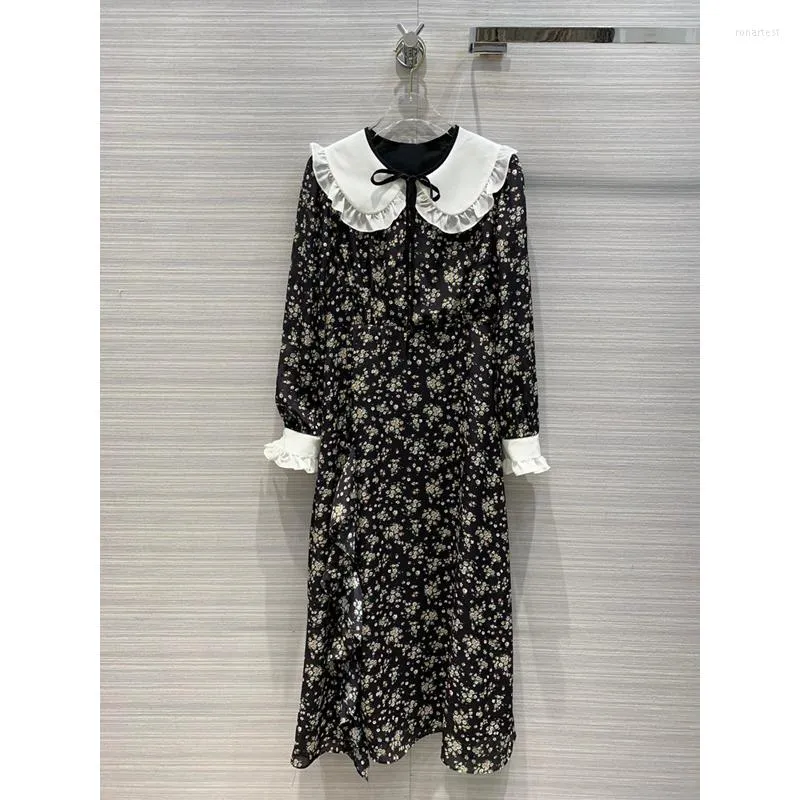 Casual jurken mode einde 11.8 hoge vintage ruches poppen kraag bloemenprint vlinder mouw zijden vrouwen elegante split midi jurk