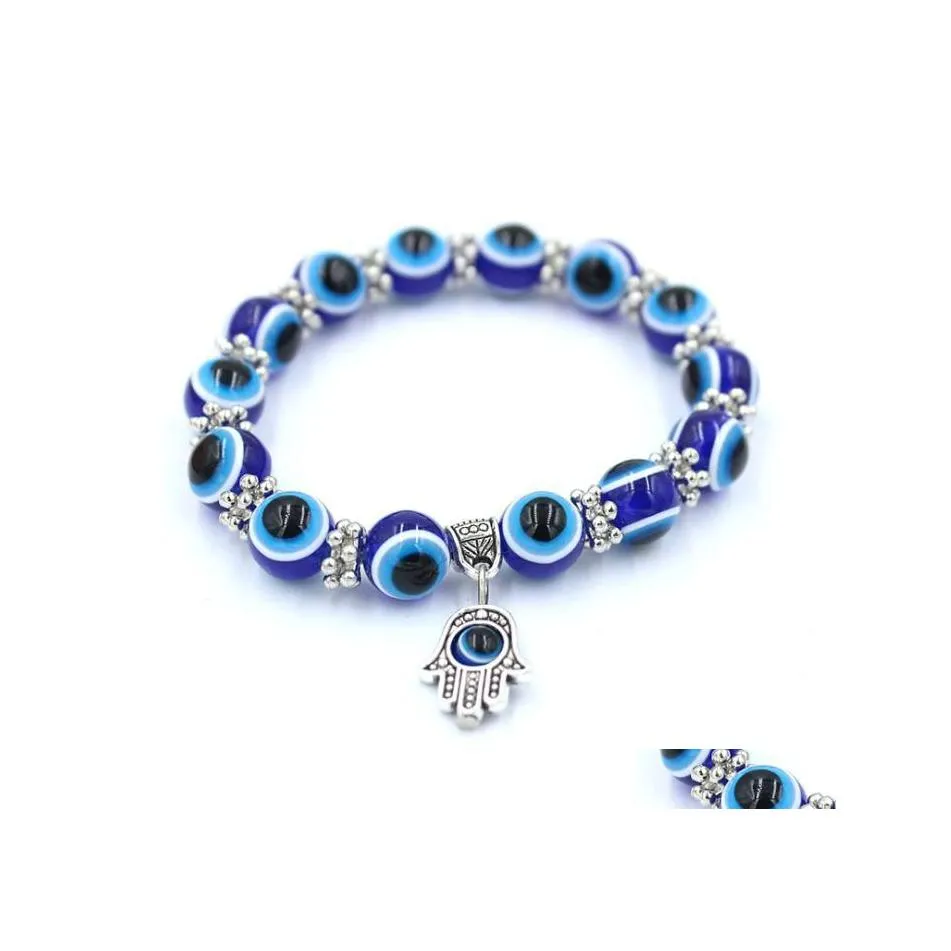 Blue Blue Evil Eye Hamsa Hand Fatima Palm Beads Bracelet dla kobiet łańcuch biżuterii vintage żeńska elastyczna dostawa dhnbl