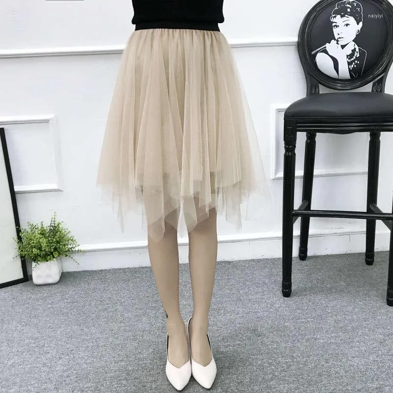 Saias Primavera Verão Saia de Malha Feminina Irregular All-Match Sweet Fashion Tutu Feminino Cintura Alta Boho Preto Tule C8134