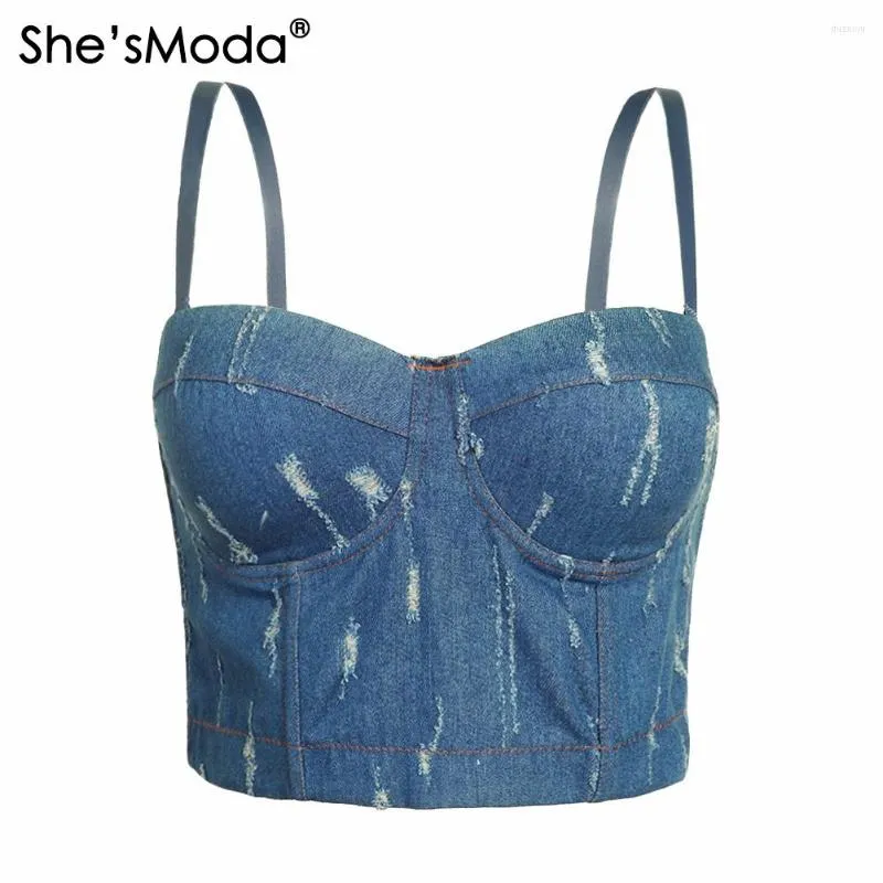 Damestanks She'sModa Jean Denim Sratched Dames BRA 2023 Bustier Diamonds Night Club Party bijgesneden topvest plus maat