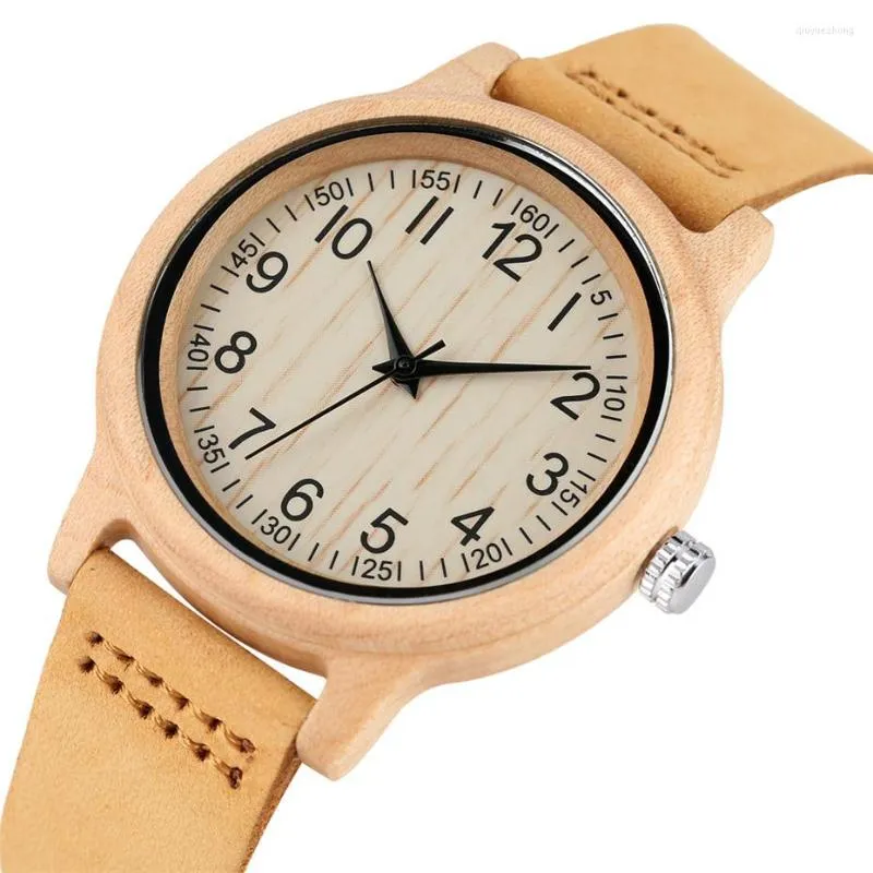 Relógios de pulso Madeira de bordo puro Relógio feminino Quartzo Algarismos arábicos Exibição Relógio de pulso de couro genuíno Simples casual para senhoras