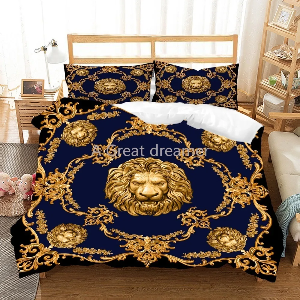 Постилочные наборы роскошные барокко современное искусство 3D Golden Lion Bedding Bedding Bed Bene Set Set Set Set 23 ПК Одиночный двойной кровать для микрофибры 230204