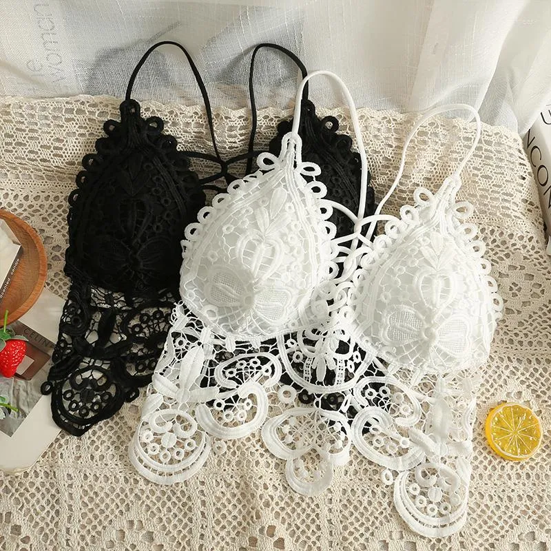 Women's Tanks 2023 Summer Sexy Crochet Hollowed Out Casual Crop Top Female Spaghetti Strap Tank Black White Color Ladies Deep V