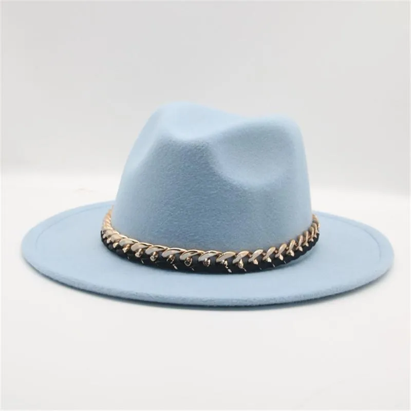 Geizige Krempe Hüte Frühling Frauen Männer Wolle Fedora Hut mit Goldkette Band Breite Jazz Panama Sombrero Kappe Für Gentleman Elegante Dame