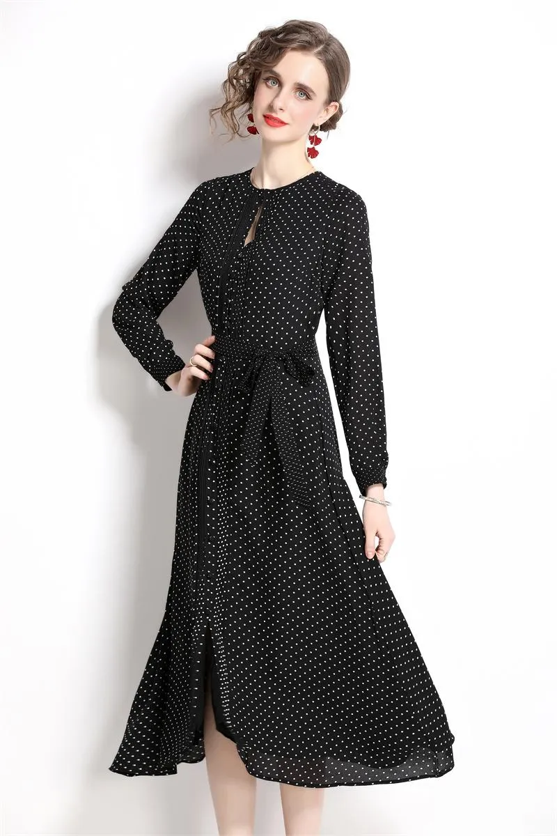 Casual Dresses High Quality Women Summer Elegant Polka Dot Long Sleeve Cocktail Party Robe Female Black Vintage Chiffon Dress VestidosCasual