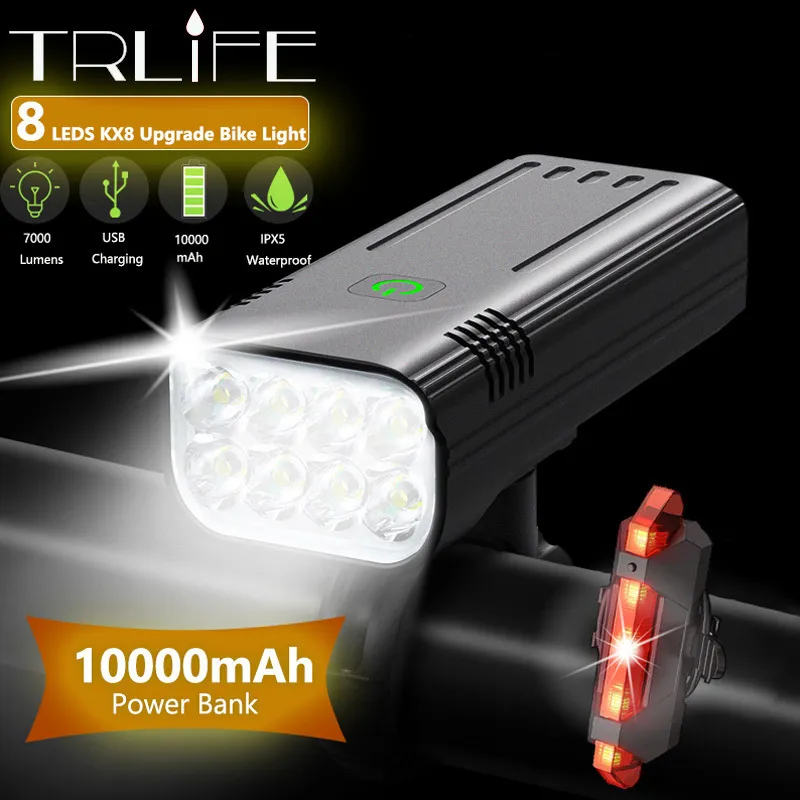 Cykelljus Trlife 10000mAh 8 LED -vattentät USB -uppladdningsbar cykel 7000 lumen ficklampa och strålkastare som Power Bank 230204