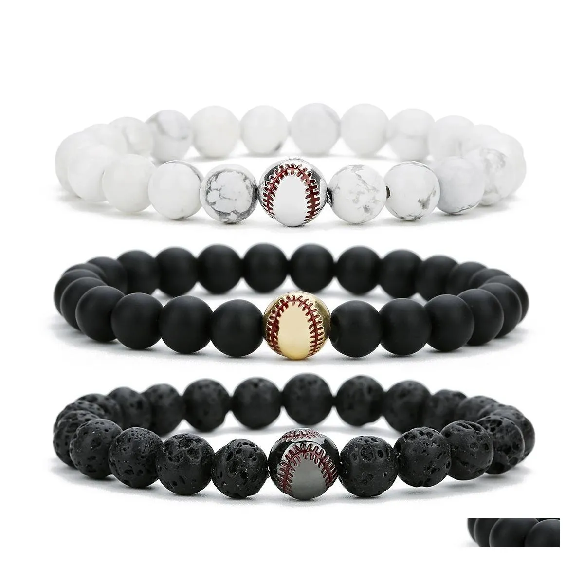 Hebras de cuentas Béisbol Charm 8Mm Lava Rock Beads Cadenas Para Mujeres Hombres Turquesa Piedra Natural Deportes Elasticidad Brazalete Moda Diy Otpub