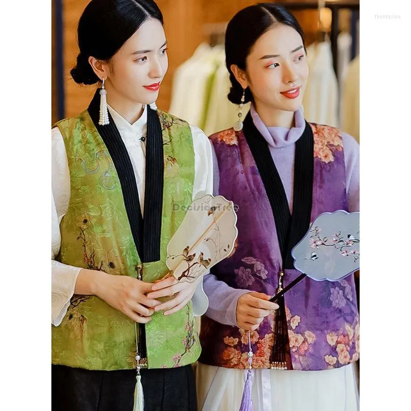 Etniska kläder 2023 Förbättrad kinesisk forntida stil Kvinnor V-ringning tang kostym blommor tryckt ärmlös retro kort elegant daglig väst