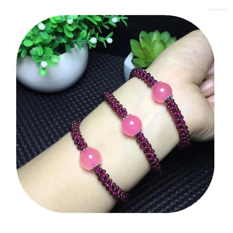 Pulseras con dijes de Calcedonia rosa para mujer, piedra Natural de hebra, cuentas de granate hechas a mano, cadena trenzada, joyería de Yoga