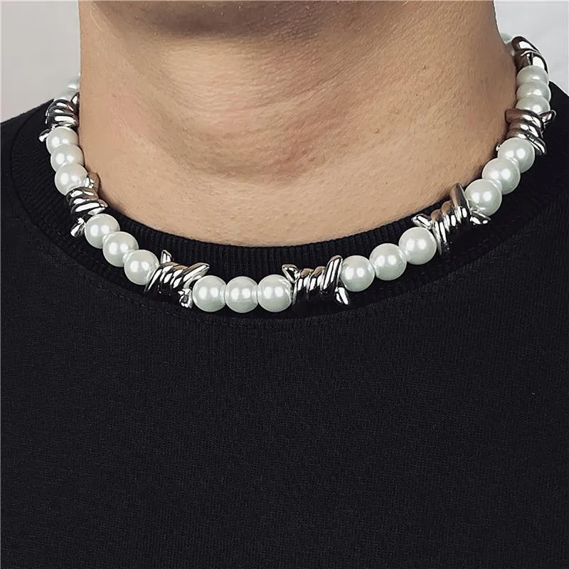 Chains AENSOA Hiphop Punk Charm Pearl Twist Metal Knot Choker Necklaces Fashion 2023 Unisex Necklace For Women Male Street Jewelry Gift