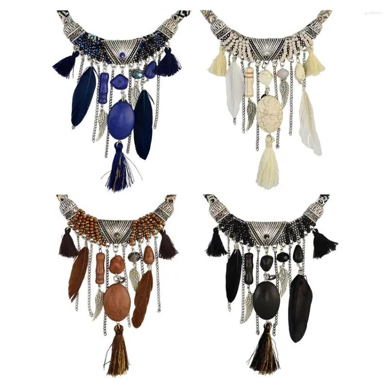 Choker 5 Colors Bohemian Fashion Statement Necklace Rope Leather Chain Resin Beads Natrual Stone Feather Tassel Women Jewelry