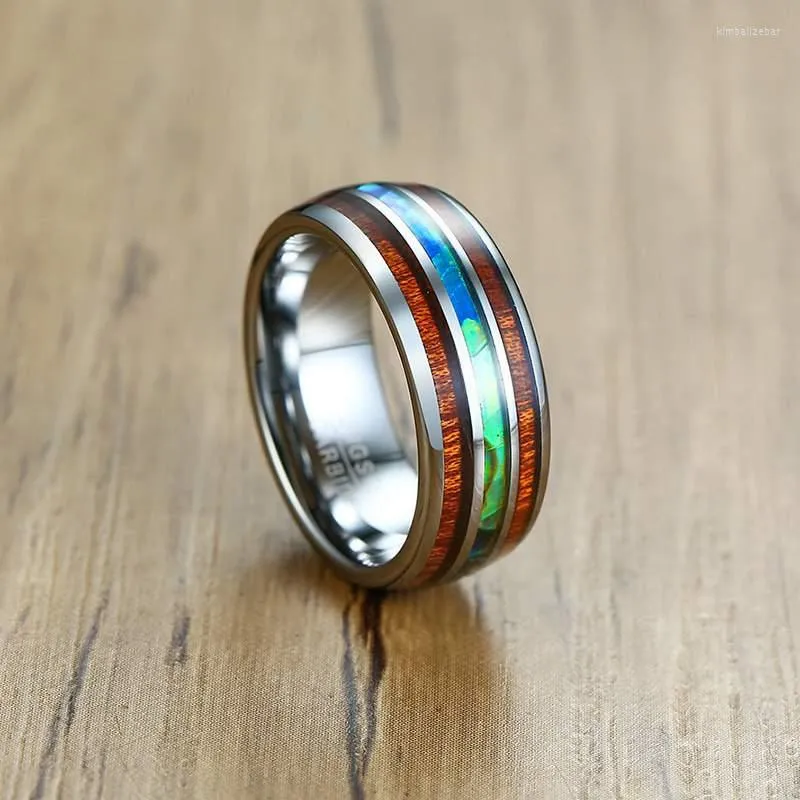 Bröllopsringar mode par 8mm rostfritt stål ring hawaiian koa trä abalone skal män kvinnor band