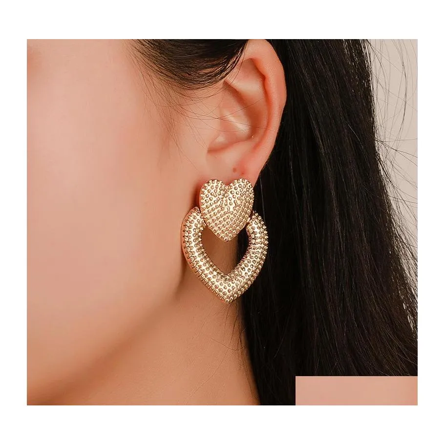 Stud Fashion Jewelry Heart Earrings Hollowed Metal Double Peach Drop Delivery Dhqju