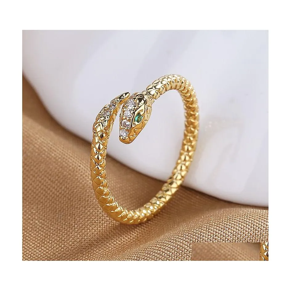 Band Rings Fashion Jewelry Copper Gold Plated Snake Ring For Women Zircon Snakes Opening Drop Delivery Dhxke