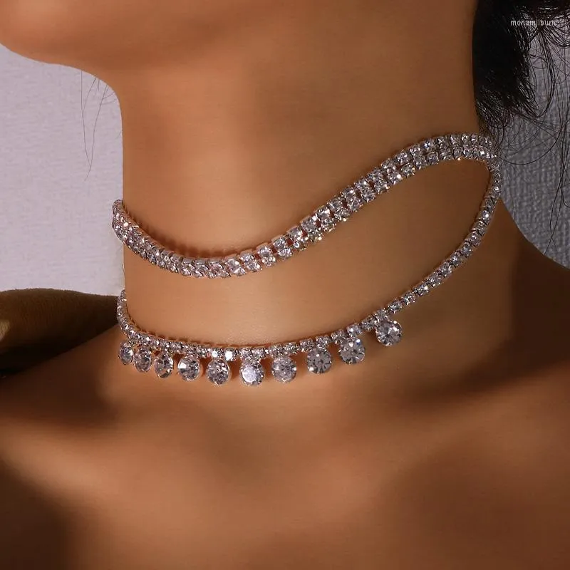 Declaração de fãs de pedra da gargantilha colar de múltiplas camadas Rhinestone Rhinestone Jóias de cristal de colarinho para mulheres elegantes para mulheres