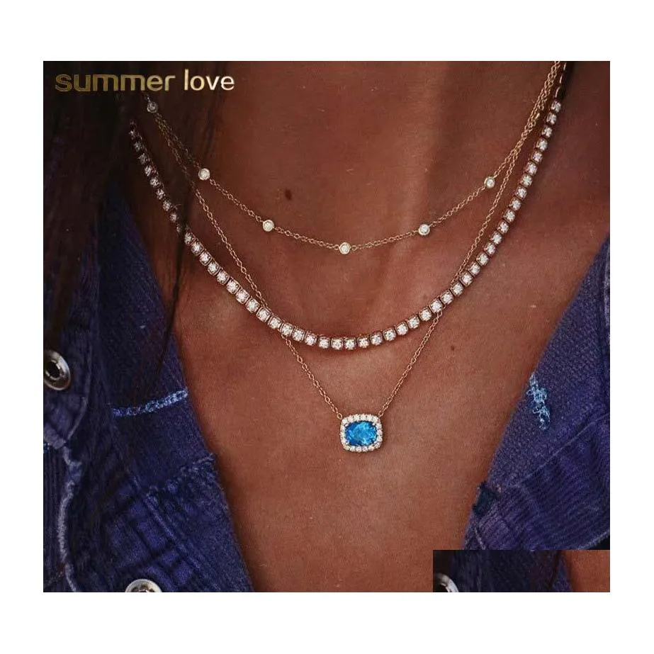 Pendentif Colliers Élégant Mtilayer Géométrique Bleu Clair Cristal Collier Ras Du Cou Pour Les Femmes À La Mode Bijoux Cadeau Drop Livraison Pendentifs Dhtpn