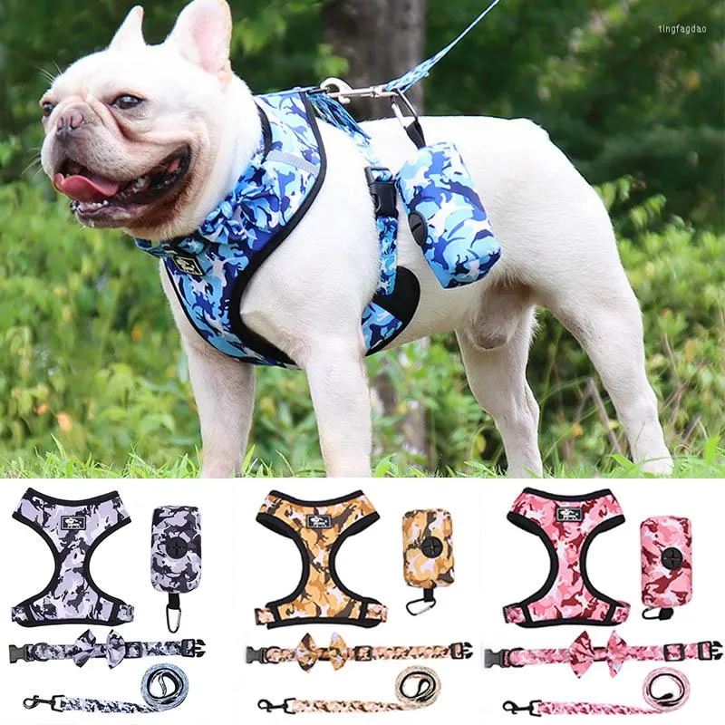 Dog Collars 4Pcs Pet Reflective Nylon Harness Personalized Collar Leash Walking Running Poop Bag Adjustable Vest Accessories