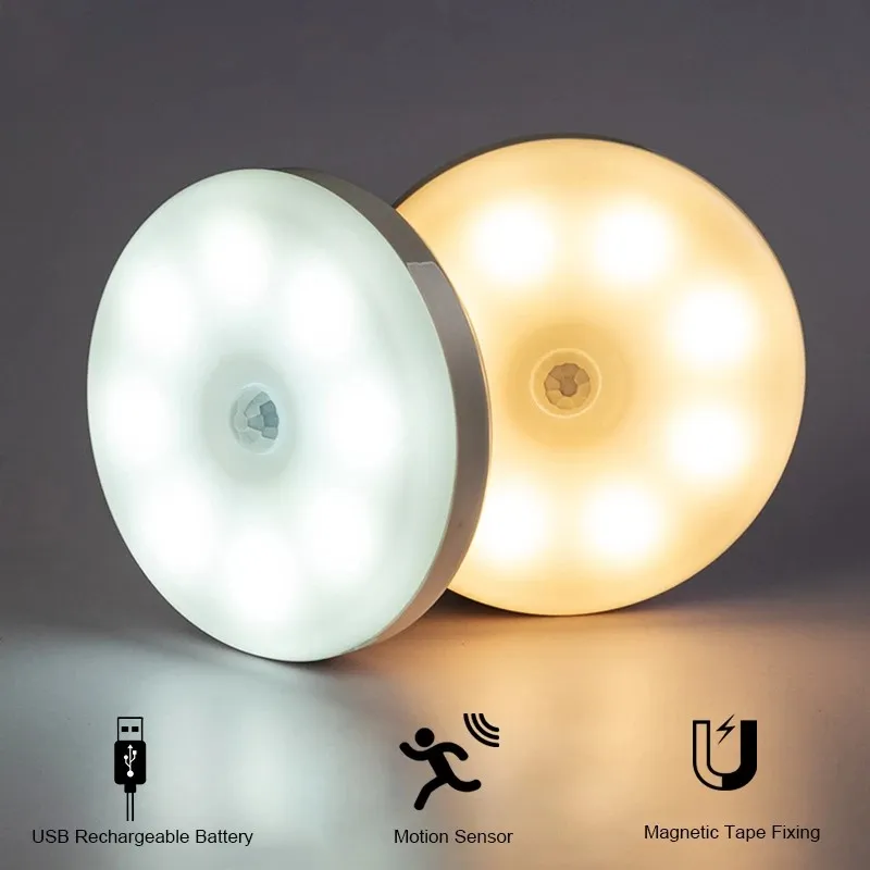 ضوء مستشعر الحركة LED USB Lightlights Round Round Cargable Lamp for Bedroom Kitchen Stair Hallway Wardrobe Cofboard Lighboard