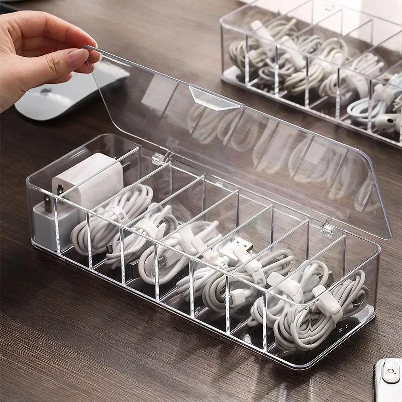 Förvaringslådor 8 rutnät kabelbox transparent plastdatalinje behållare för skrivbordspapper makeup arrangör nyckel smycken