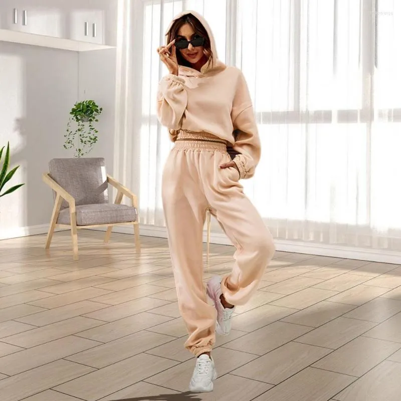 Sweats à capuche pour femmes 2 pièces/ensemble manches longues taille élastique poches tenue décontractée droite femmes automne hiver couleur unie sweat à capuche recadrée