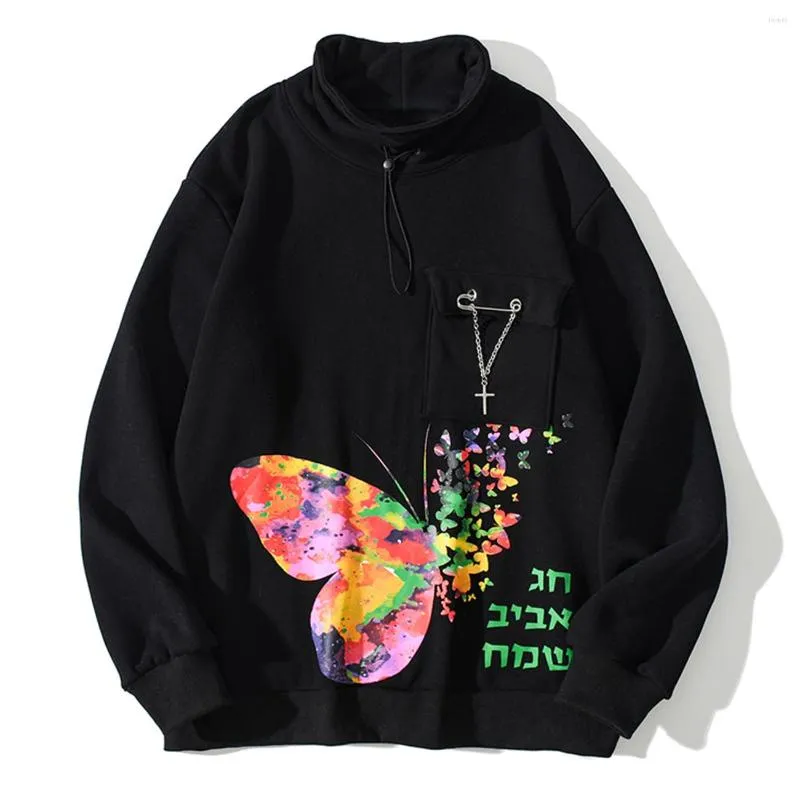 Hommes Hoodies Hip Hop Hoodie Hommes Coloré Papillon Imprimer Broche Harajuku Sweat 2023 Hiver Lâche Coton Pull Tops Polaire