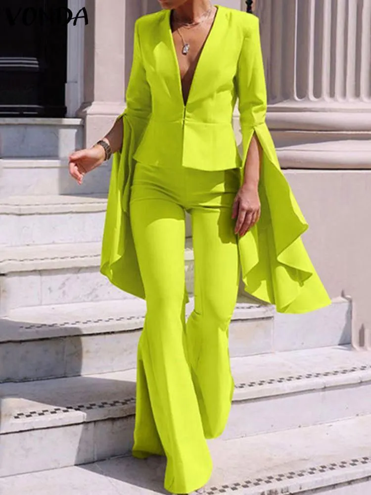 Women's Two Piece Pants VONDA Fashion Elegant Sets Casual Solid Color Party Women Suits Flare Sleeve V Neck Tops and Long Bell Bottoms 230204