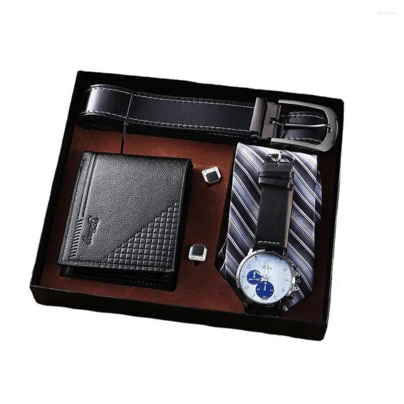Armbandsur 5st/set modemän klockor Set Luxury Present Box Watch for Men bind Cufflinks Belt plånbok manlig kvarts armbandsur klocka