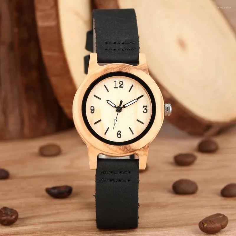 Orologi da polso Cassa in legno marrone Orologio al quarzo da donna Resistente cinturino in pelle nera Orologi Piccoli numeri arabi Quadrante rotondo Regali