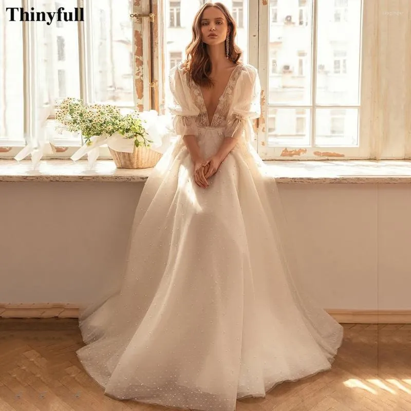 Wedding Dress Thinyfull Boho Polka Dots Tulle Pearls Party Dresses Half Sleeves Appliques Lace Bride Long Bridal Gowns