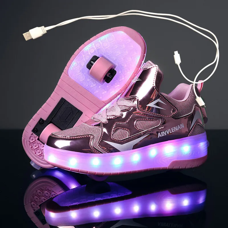 Sneakers Kinderen Twee Wielen Lichtgevende Gloeiende Sneakers Zwart Roze Rood Led Licht Roller Skate Schoenen Kids Led Schoenen Jongens Meisjes USB Opladen 230203