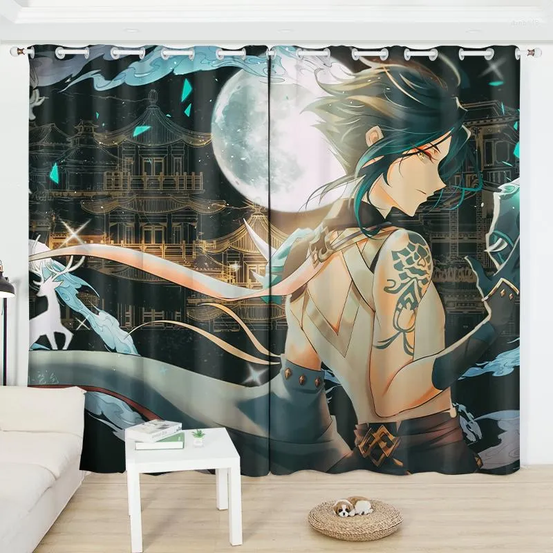 Gardin Xiao Genshin Impact Blackout 2 Paneler Anime Printing Window Drapes For Living Room Cartoon Home Decor Treatments