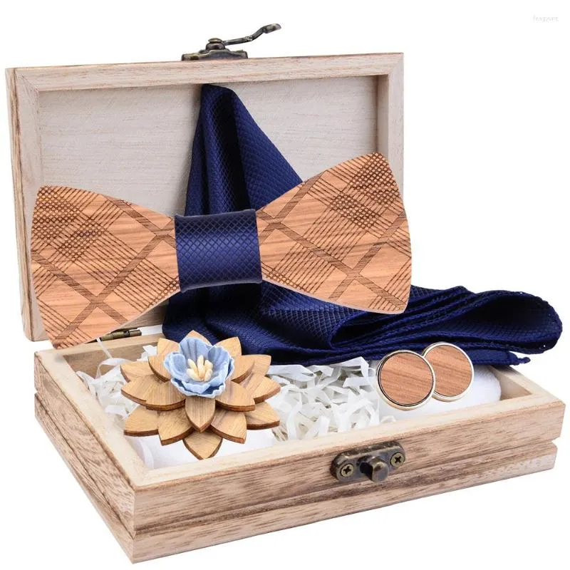 Boogbladen heren geruite houten stropdas set gestreepte houten bowtie zakdoek manchetknopen broche sets met doos voor mannen bruiloft geschenken