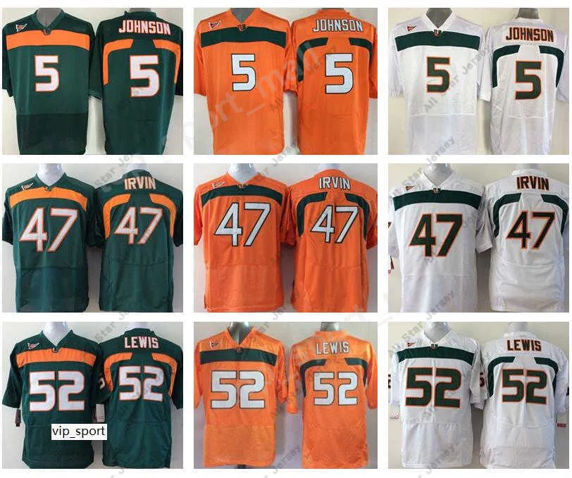 Vêtements de football universitaire américain Miami Hurricanes College 52 Ray Lewis Jersey Hommes Orange Vert Blanc 5 Andre Johnson Michael Irvin Maillots de football University Stitch