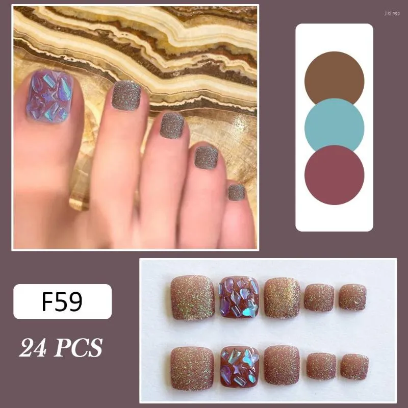 False Nails 24Pcs Colorful Shiny Toe Nail Sparkling Fake For Women And Girl Glossy Fashionable French Style EF