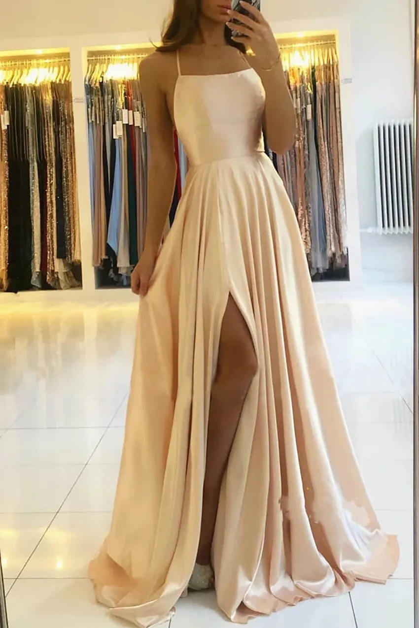 Kvinnor Rems Prom Dress Long High Split Satin aftonkl￤nningar Prom Spaghetti Formella fest Brudt￤rkl￤nningar f￶r skr￤ddarsydd tillverkad