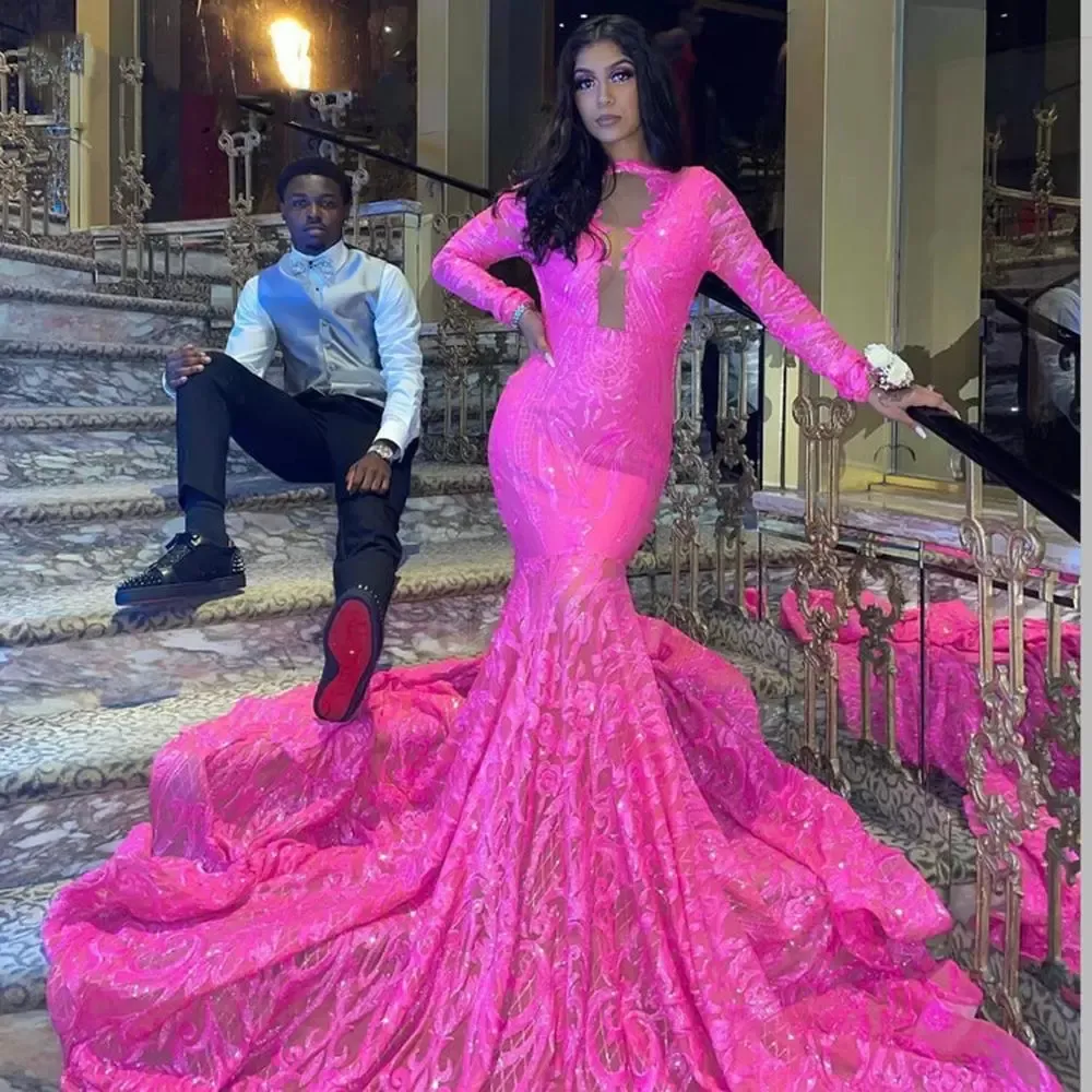 African Fuchsia Sequined Mermaid Evening Dresses Glitter Long Sleeves Plunging Neckline Sexy Prom Dress Pattern Trumpet Formal Reception Gowns For Black Girls